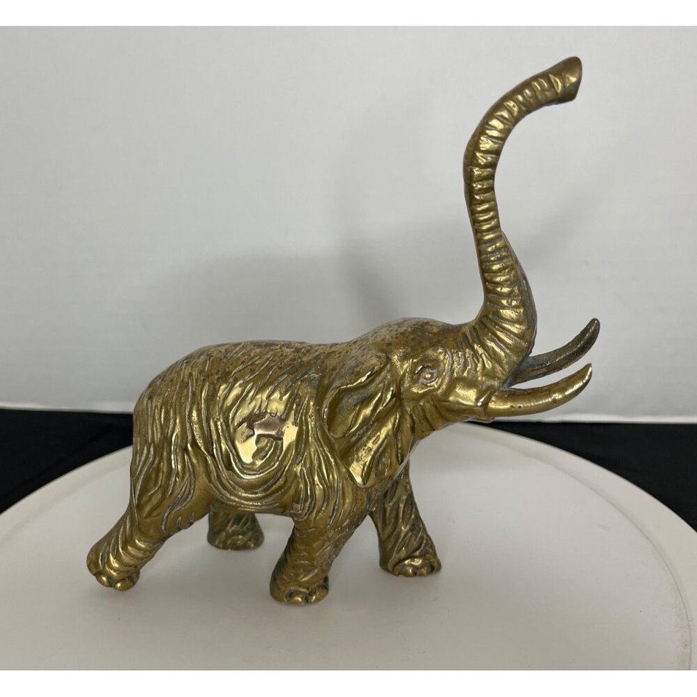 Vintage Brass Elephant Figurine With Raised Trunk Symbolizes Good Luck 7”